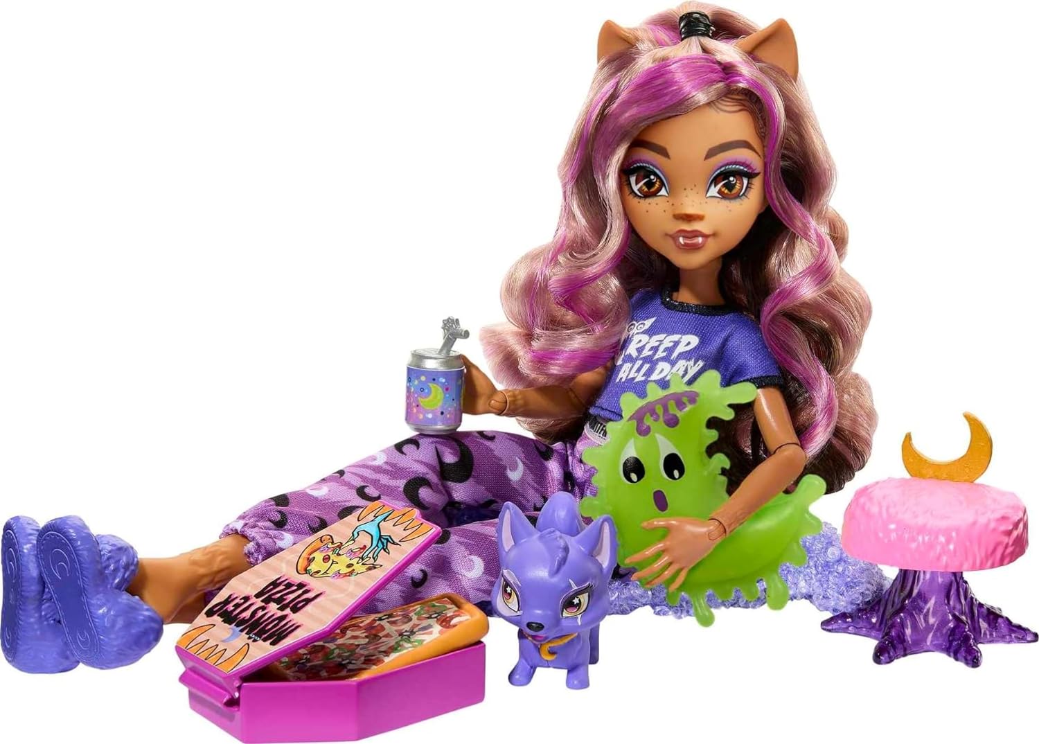 Monster High Doll, Clawdeen Wolf Creepover Party Set with Pet Dog Crescent,  Sleepover Clothes and Accessories(Monster High Doll, Clawdeen Wolf  Creepover Party Set with Pet Dog Crescent, Sleepover Clothes and Accessories)  